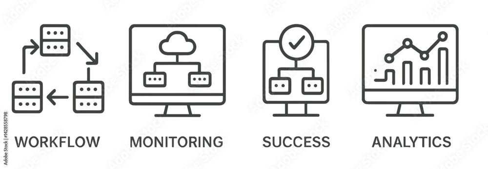 Poster set of line style icons representing workflow, monitoring, success, and analytics in a digital conte