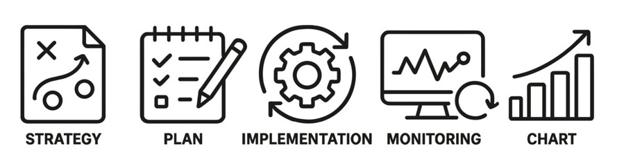 Set of line style icons representing strategy, planning, implementation, monitoring, and chart analysis for business use