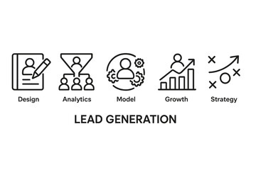 Lead generation icons depicting design, analytics, modeling, growth, and strategy in a modern style