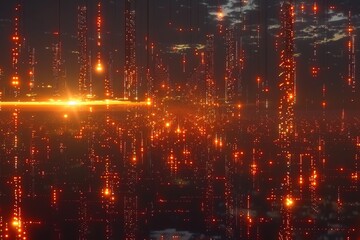 Obraz premium A vibrant, abstract depiction of glowing light patterns against a dark background, creating a futuristic atmosphere.