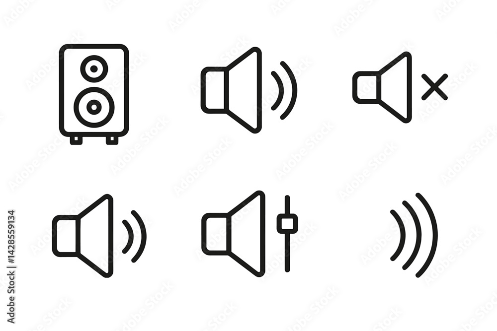 Poster set of icons representing different audio states in a minimalist line art style suitable for digital
