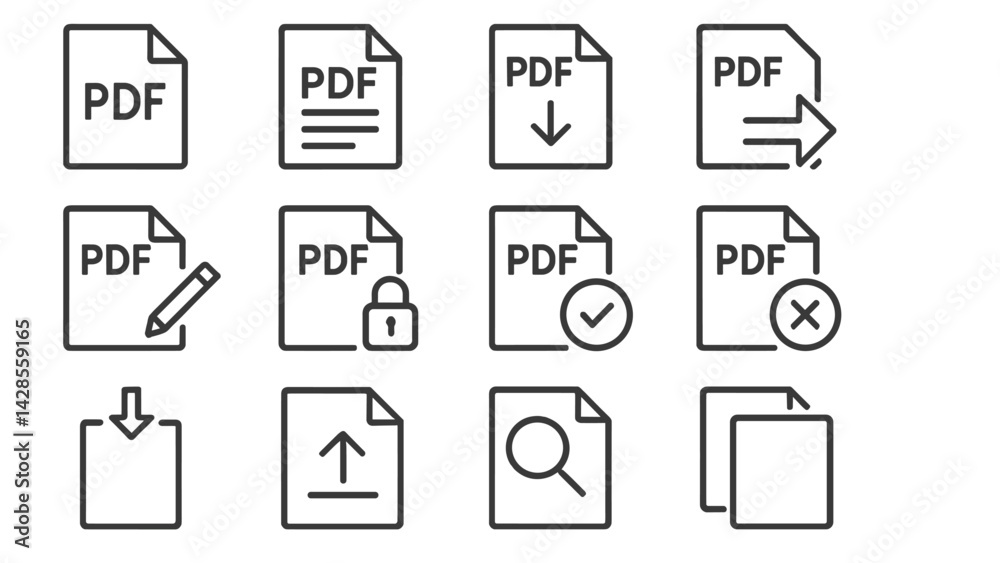 Aufkleber set of line style icons representing various pdf file actions and functionalities for digital docume