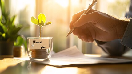 saving money with money stack and growing financial concept. Hand Writing Financial Plan Next to Growing Plant