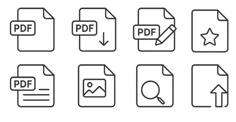 Line style icons representing various PDF file actions and features for digital documentation and productivity tools