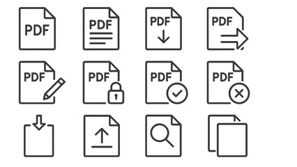 Set of line style icons representing various PDF file actions and functionalities for digital documentation