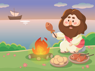 Cute Cartoon Jesus  Roasting Fish by the Sea Cute Christian Illustration with Fire, Fish, Boat and Bread for Bible Story and Kids Teaching