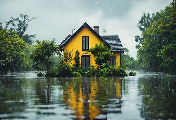 Obraz premium a small yellow house stands isolated and partially submerged in floodwaters during a heavy rainfall, surrounded by lush greenery.