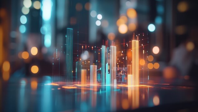 Abstract glowing bar graph with blue and orange hues on a reflective surface.