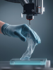 A high-tech 3D printer fabricates lab-grown skin grafts using glowing bio-ink, symbolizing advancements in regenerative medicine and burn treatment.