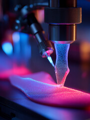A high-tech 3D printer fabricates lab-grown skin grafts using glowing bio-ink, symbolizing advancements in regenerative medicine and burn treatment.