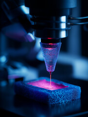 A high-tech 3D printer fabricates lab-grown skin grafts using glowing bio-ink, symbolizing advancements in regenerative medicine and burn treatment.