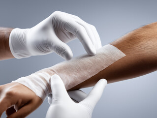 A photorealistic close-up shows medical professionals applying an advanced skin-repair membrane to a wounded arm in a clinical setting. 