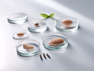 Photorealistic macro shot of artificial skin samples growing in sterile petri dishes. Highlights the translucent texture and scientific precision of biomaterials used in regenerative medicine.