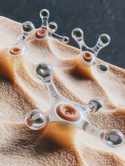 Scientific visualization of artificial skin cells regenerating at microscopic level. Glowing collagen fibers and fibroblast activity symbolize cutting-edge tissue engineering.