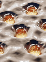 Scientific visualization of artificial skin cells regenerating at microscopic level. Glowing collagen fibers and fibroblast activity symbolize cutting-edge tissue engineering.