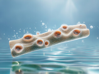 Scientific visualization of artificial skin cells regenerating at microscopic level. Glowing collagen fibers and fibroblast activity symbolize cutting-edge tissue engineering.