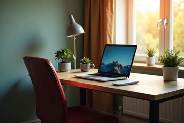 Empty chair at desk facing laptop screen, sunlit room, internet, remote