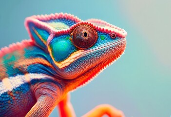 Obraz premium a vibrant panther chameleon displays its striking coloration with intense focus in a close-up portrait.