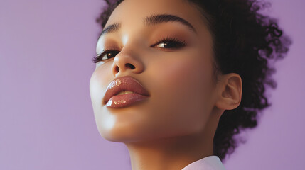 Fototapeta premium Subtle Radiance: A close-up captures the delicate features of a beautiful woman, her skin glowing against a soft, monochromatic backdrop, radiating an aura of serenity and confidence.