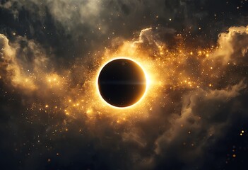 Obraz premium a stunning digital painting depicts a total solar eclipse with a radiant corona surrounded by a swirling galaxy of golden dust and light.