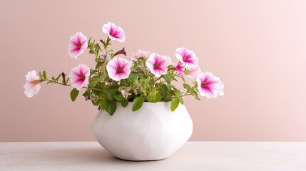 Fototapeta premium Pink morning glory is housed in a white ceramic vase with a soft light red and pink background. The petals of the morning glory bring joy and happiness, making the scene visually appealing.