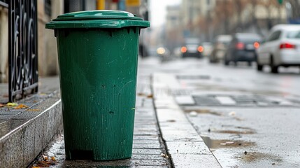 Obraz premium A green trash bin with a lid, sitting on a sidewalk near a busy street.