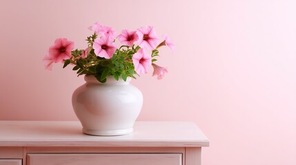 Fototapeta premium Pink morning glory is housed in a white ceramic vase with a soft light red and pink background. The petals of the morning glory bring joy and happiness, making the scene visually appealing.
