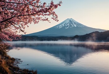 a serene view of mount fuji reflected in a calm lake, framed by delicate pink cherry blossoms during a misty sunrise.