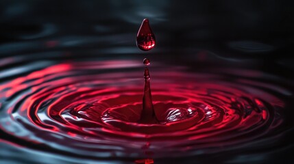 As a drop of red liquid falls into a dark liquid, movement and ripples are produced.