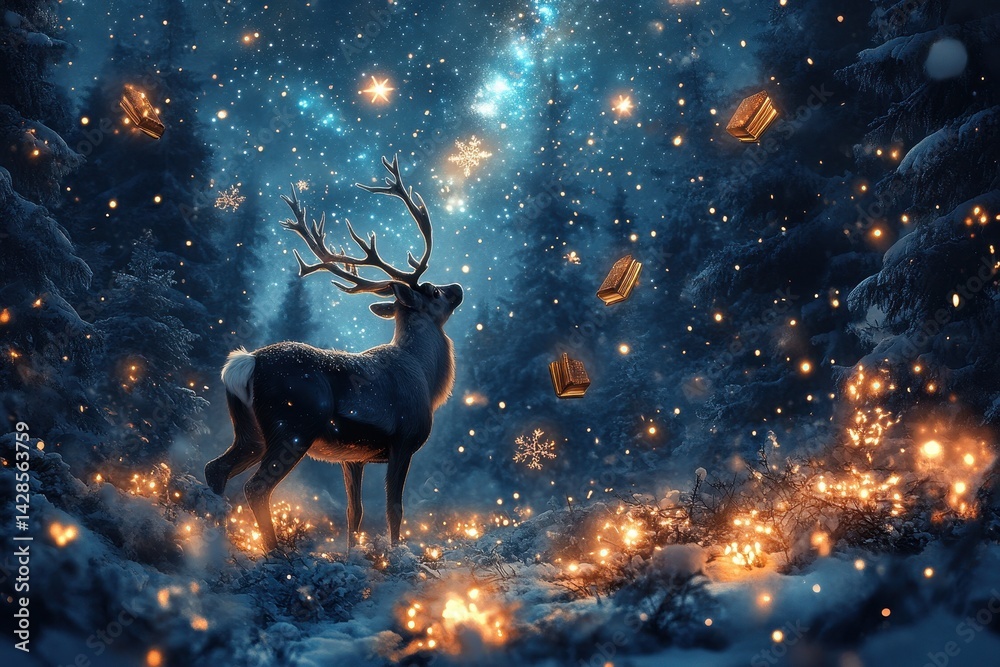 Poster reindeer stands amidst glowing trees and floating books in a winter wonderland filled with magical l