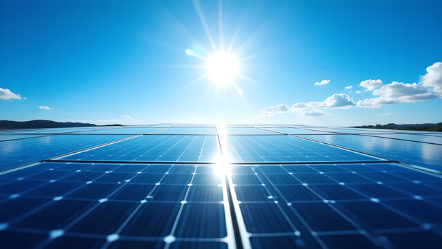 Bright Sunlight on Expansive Solar Panel Field: Clean Energy Photo