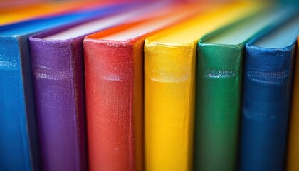 A close-up of colorful book spines arranged in a row, showcasing vibrant hues.