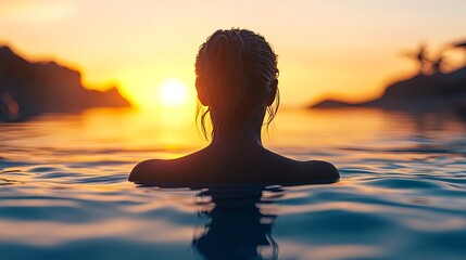 Fototapeta premium Serene Female Surfer Silhouette at Sunset Over Calm Water Surface