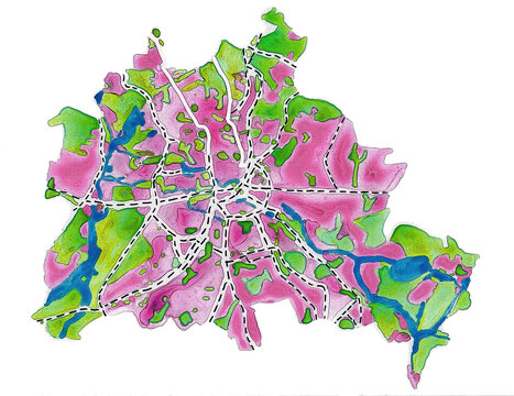 Watercolor map of Berlin with pink, green, and blue colors in an abstract artistic style