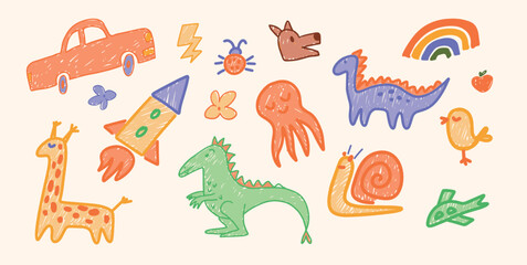 Set of hand-drawn playful doodles in colorful childlike style. Dinosaurs, rocket, giraffe and snail featured among car, rainbow. Vector illustration for banner, social media, posters and marketing.