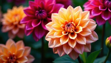 Obraz premium Intricate dahlia blooms, vibrant colors, lush petals, red, vintage, dahlia