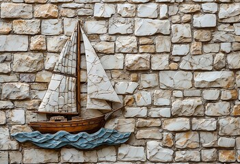 a detailed, handcrafted wooden sailboat sculpture with cracked white sails is mounted on a textured stone wall, creating a nautical display.
