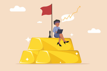 Businesswoman Analyzing Growth Strategy While Sitting on Gold Bars with Flag of Success.