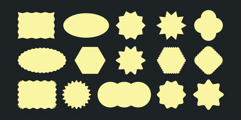 Set of Empty Sticker Label Shapes in Yellow Color. Collection of Geometric Badges, Starbursts, Rounded and Wavy Frames. Vector Template for Design Elements.