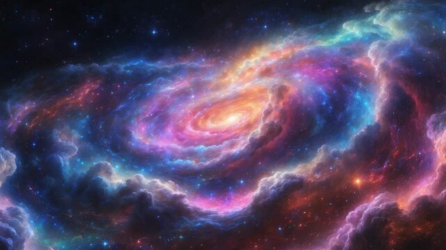 Immersive 360-degree space scene of a nebula filled with stars and interstellar clouds, using equirectangular projection and environment map