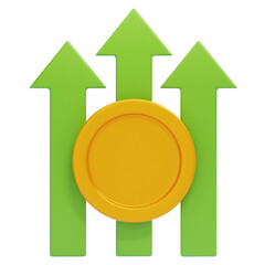PNG 3D Coin and Upward Arrows for Growth Icon Isolated on a White Background
