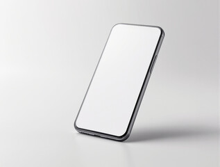 Sleek modern smartphone with blank white screen, minimalistic graphic style, standing on light gray background. Concept of tech mockup. Ai generative