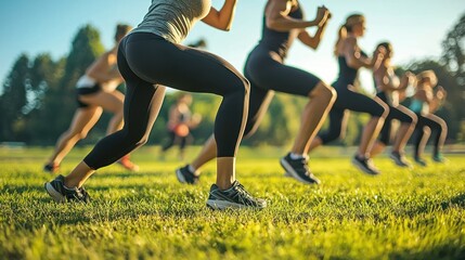 A group of people exercising together in an outdoor boot camp, doing squats and lunges.