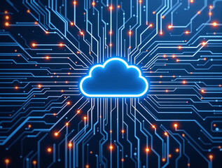 Glowing cloud icon at center with blue circuit lines and orange nodes extending outward, futuristic tech style on dark background, concept of cloud computing. Ai generative