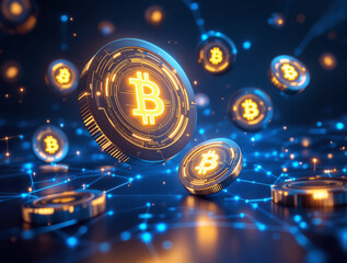 Digital bitcoins with glowing golden symbols floating in a futuristic tech style on a deep blue background, symbolizing finance, crypto, network concept. Ai generative