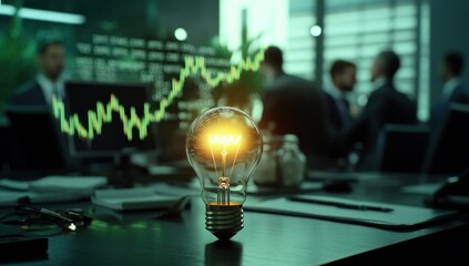 Light bulb on table with stock chart overlay business meeting in background.