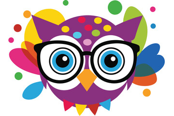 Colorful artistic owl in eyeglasses with colorful paint splatters on white background.
