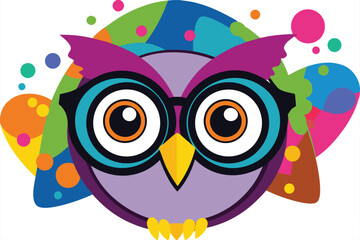 Colorful artistic owl in eyeglasses with colorful paint splatters on white background.