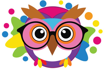 Colorful artistic owl in eyeglasses with colorful paint splatters on white background.