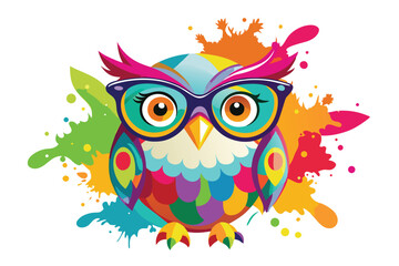 Naklejka premium Colorful artistic owl in eyeglasses with colorful paint splatters on white background.